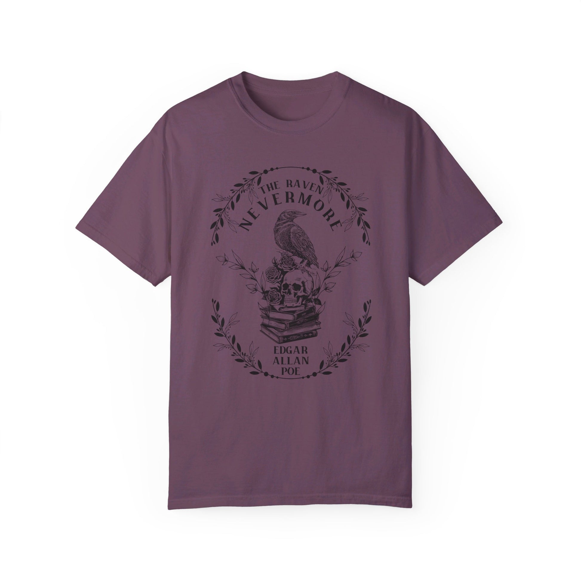 Edgar Allan Poe, Nevermore The Raven Comfort Colors TShirt, Book Lover, Halloween, Haunting Gothic Gift, Light, Dark Academia, Horror Movie T-Shirt Printify Berry S 