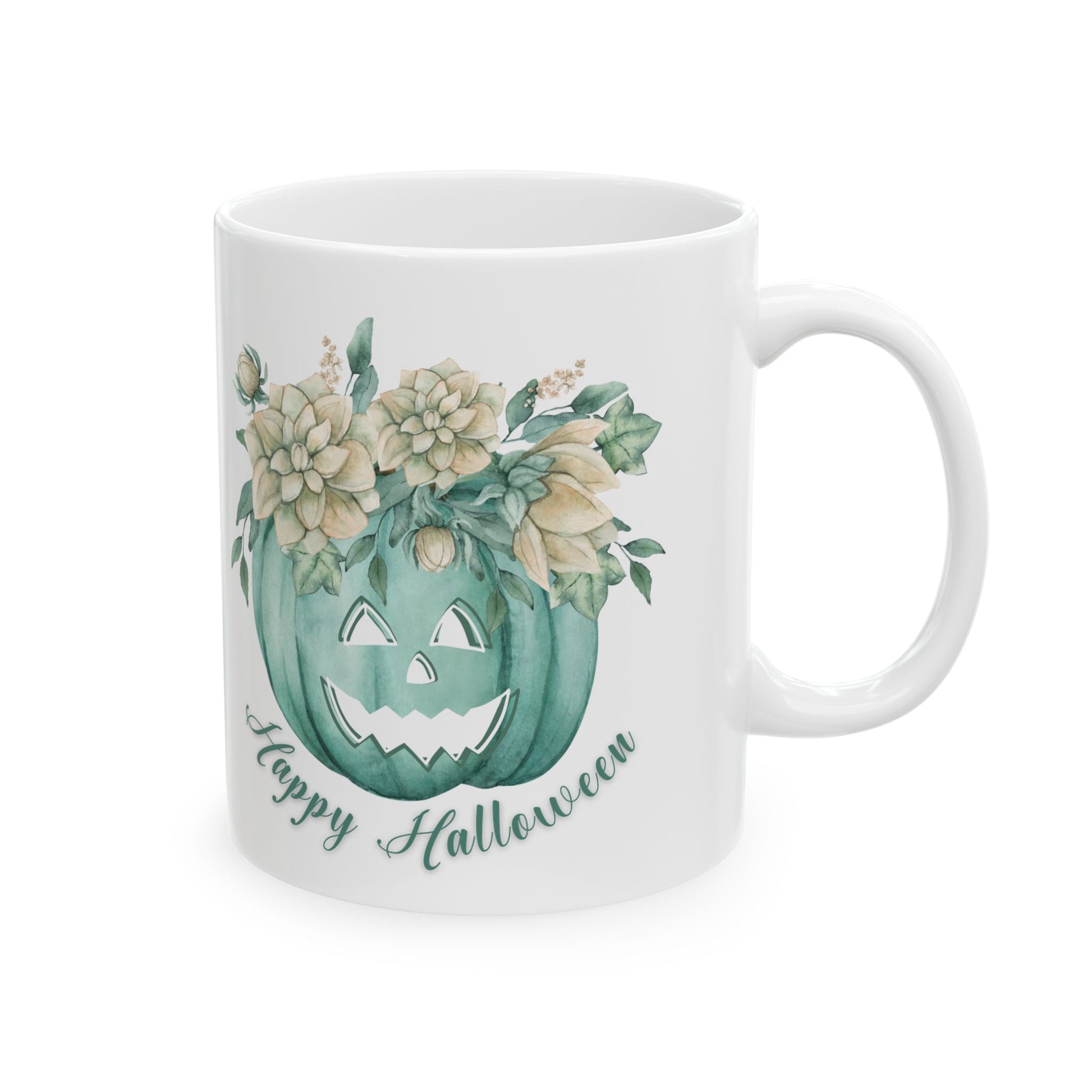 Halloween Carved Pumpkin and Floral Design Coffee Mug, Cottagecore Fall Autumn Gift, Spooky Season Halloween Lover Mug, Gift for Mom, Friend Mug Printify   