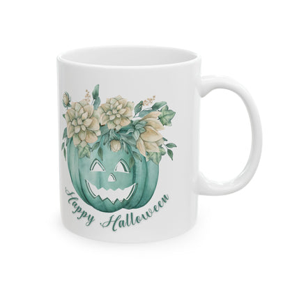 Halloween Carved Pumpkin and Floral Design Coffee Mug, Cottagecore Fall Autumn Gift, Spooky Season Halloween Lover Mug, Gift for Mom, Friend Mug Printify   