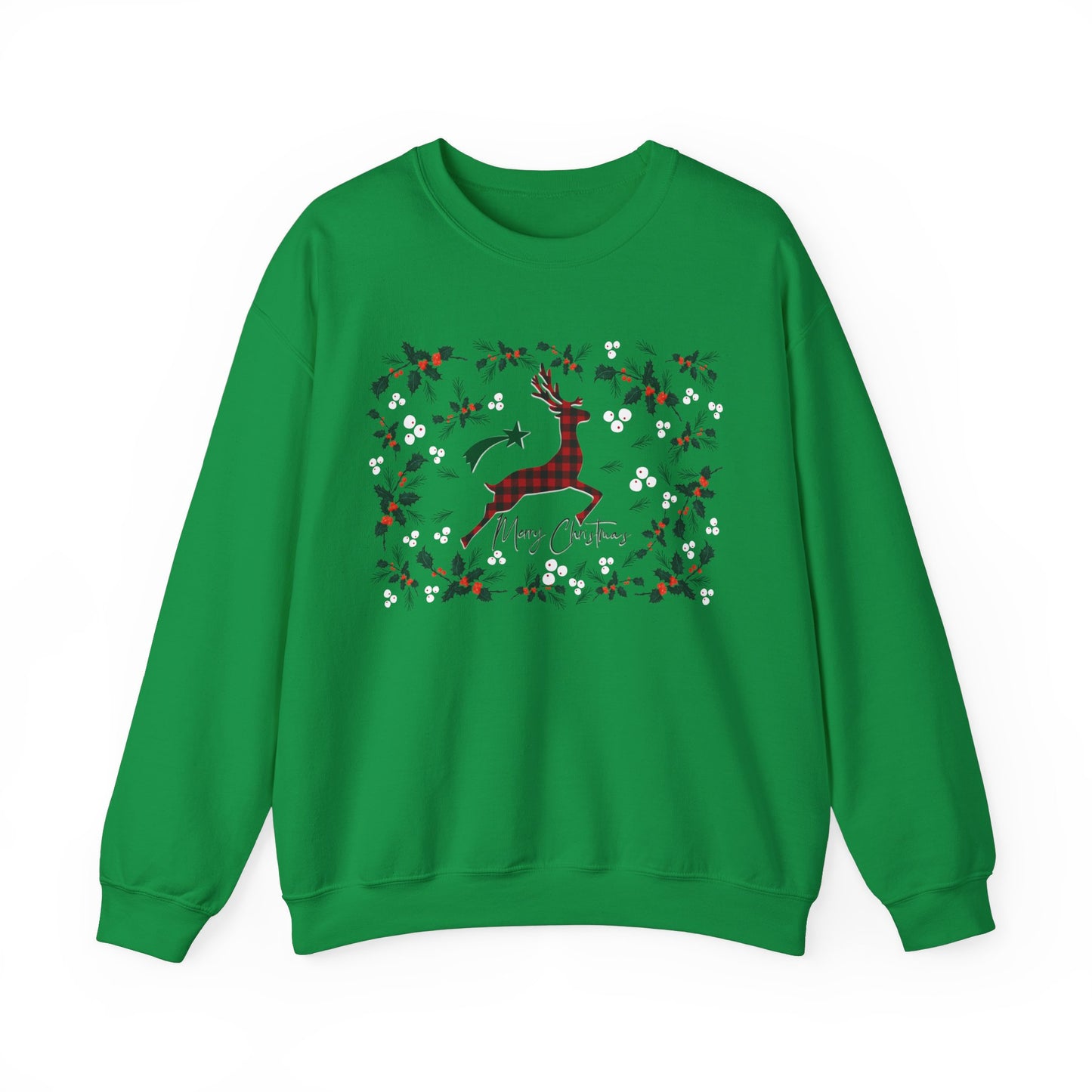 Merry Christmas Plaid Reindeer Sweatshirt, Country Reindeer Christmas Family Sweater, Christmas Shirt, Merry Christmas Shirt, Christmas Gift Sweatshirt Printify S Irish Green 