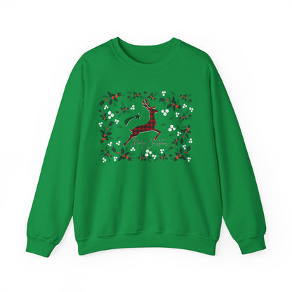 Merry Christmas Plaid Reindeer Sweatshirt, Country Reindeer Christmas Family Sweater, Christmas Shirt, Merry Christmas Shirt, Christmas Gift Sweatshirt Printify S Irish Green 