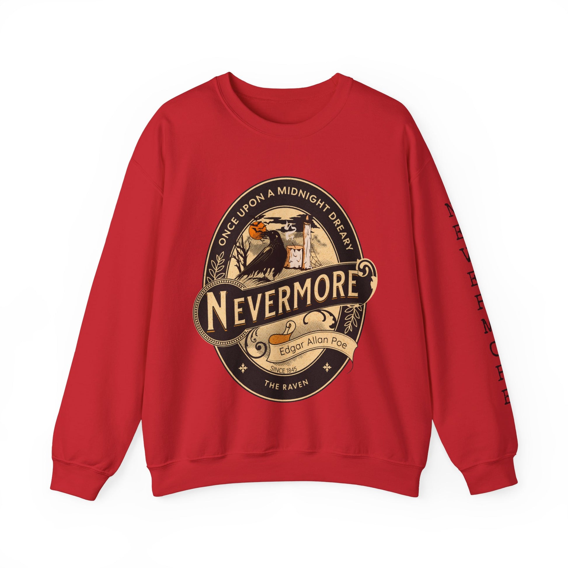 Edgar Allan Poe, Sleeve Print Nevermore The Raven Sweatshirt, Book Lover, Halloween, Haunting Gothic Gift, Light, Dark Academia, Horror Movie Sweater Sweatshirt Printify S Red 