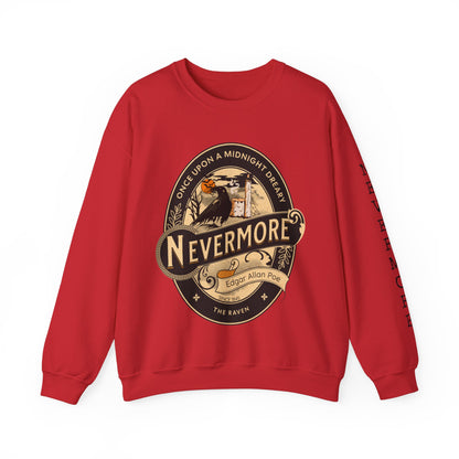 Edgar Allan Poe, Sleeve Print Nevermore The Raven Sweatshirt, Book Lover, Halloween, Haunting Gothic Gift, Light, Dark Academia, Horror Movie Sweater Sweatshirt Printify S Red 