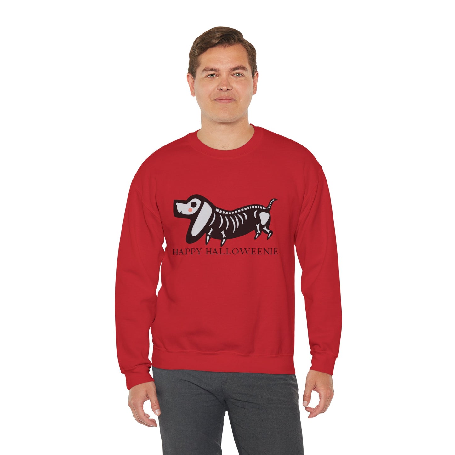 Funny Halloween Dachshund Lover Sweatshirt, Skeleton Dachshund Walking Graphic, Trick or Treat Shirt, Spooky Season, Happy Halloweenie Top Sweatshirt Printify   