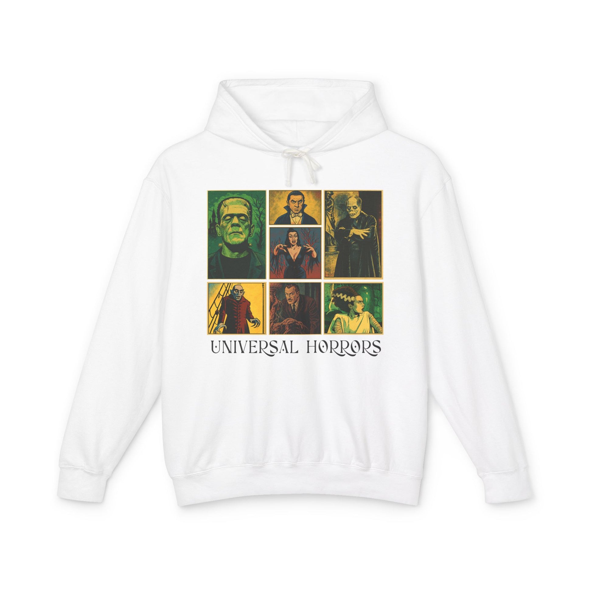 Universal Horrors Unisex Hooded Sweatshirt - Spooky Apparel for Halloween, Horror Fans, Movie Lovers, Cozy Wear, Gift Hoodie Printify S White