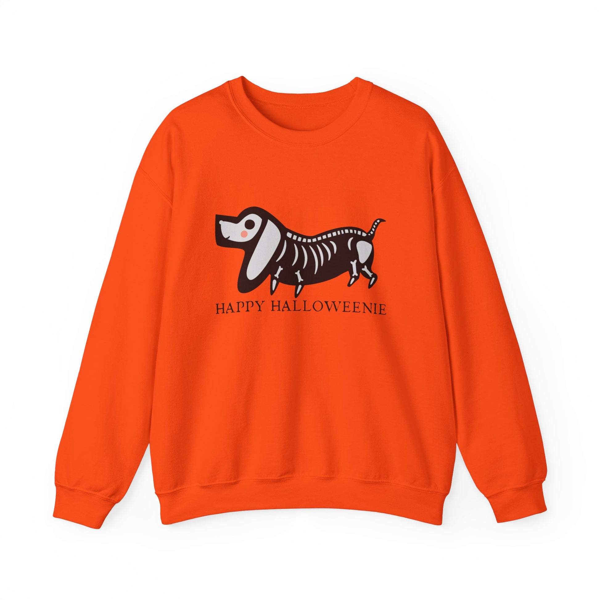 Funny Halloween Dachshund Lover Sweatshirt, Skeleton Dachshund Walking Graphic, Trick or Treat Shirt, Spooky Season, Happy Halloweenie Top Sweatshirt Printify S Orange 