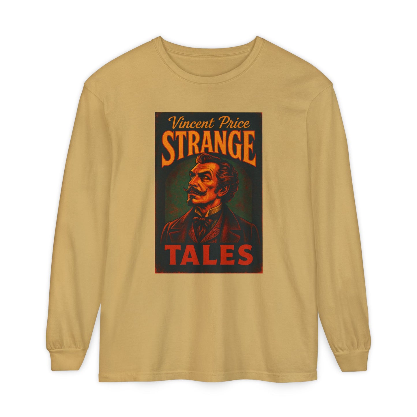 Vincent Price Strange Tales Long Sleeve T-Shirt, Vintage Horror Tee, Gothic Apparel, Halloween Costume, Retro Graphic Shirt Long-sleeve Printify Mustard S