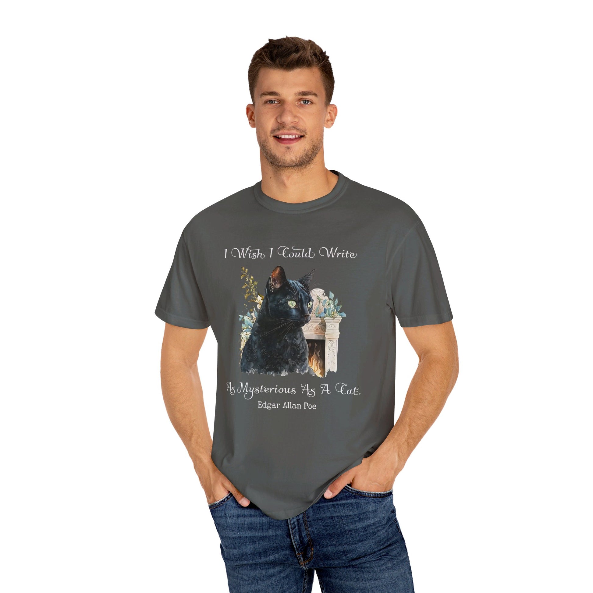 Edgar Allan Poe T-Shirt The Black Cat Nevermore The Raven Poe Fan Art Poetry Book Lover, Dark Cottagecore Macabre Gift, Light, Dark Academia T-Shirt Printify   