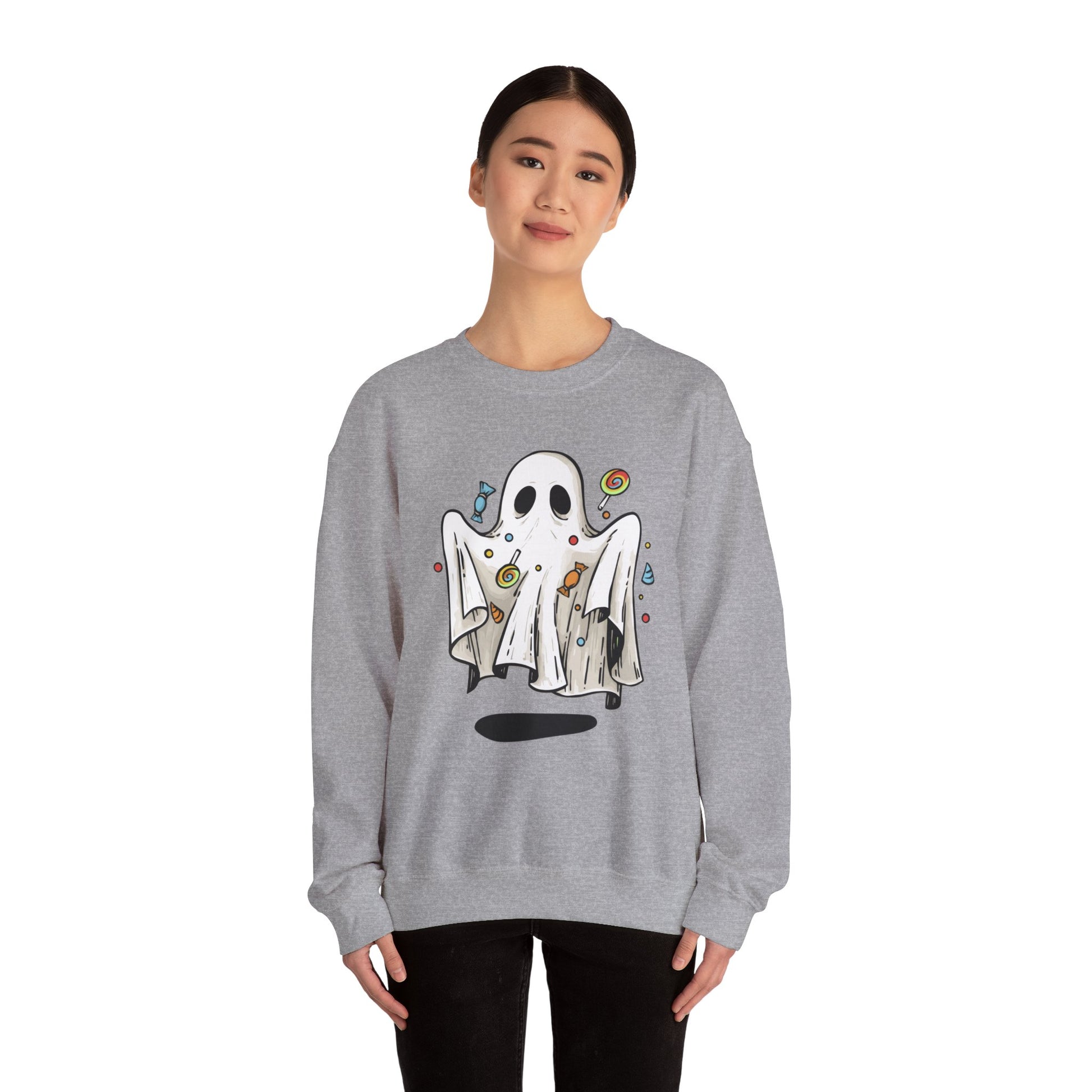 Cute Halloween Ghost Floating, Covered in Candy Sweatshirt, Trick or Treat Shirt, Spooky Ghost Season, Fun Halloween Party, Festival Sweater Sweatshirt Printify   