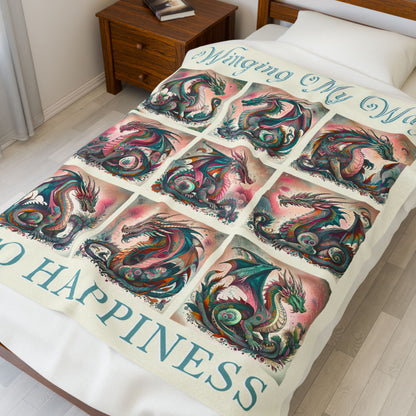 Winging My Way To Happiness Dragon Velveteen Blanket - Perfect for Book Lovers, Gifts for Sisters, Home Decor, Reading Nook, Cozy Nights All Over Prints Printify