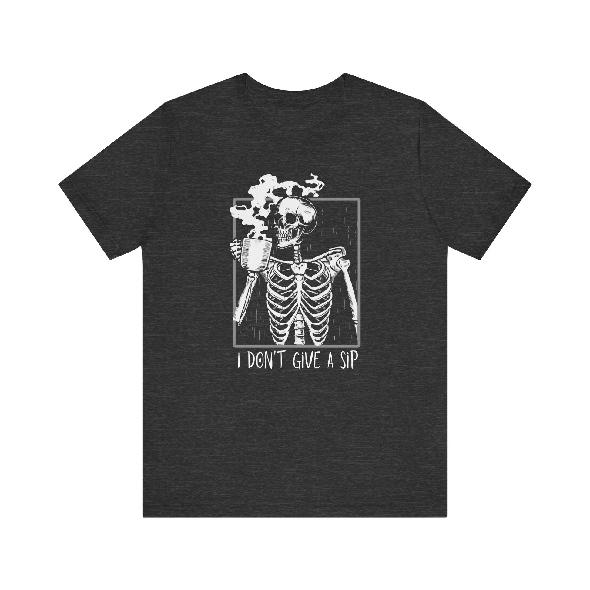 Halloween Skeleton TShirt, Funny Coffee Drinking Skeleton, Spooky Season Tee, Trick or Treating Shirt, Halloween Party T-Shirt, T-Shirt Printify Dark Grey Heather XS 