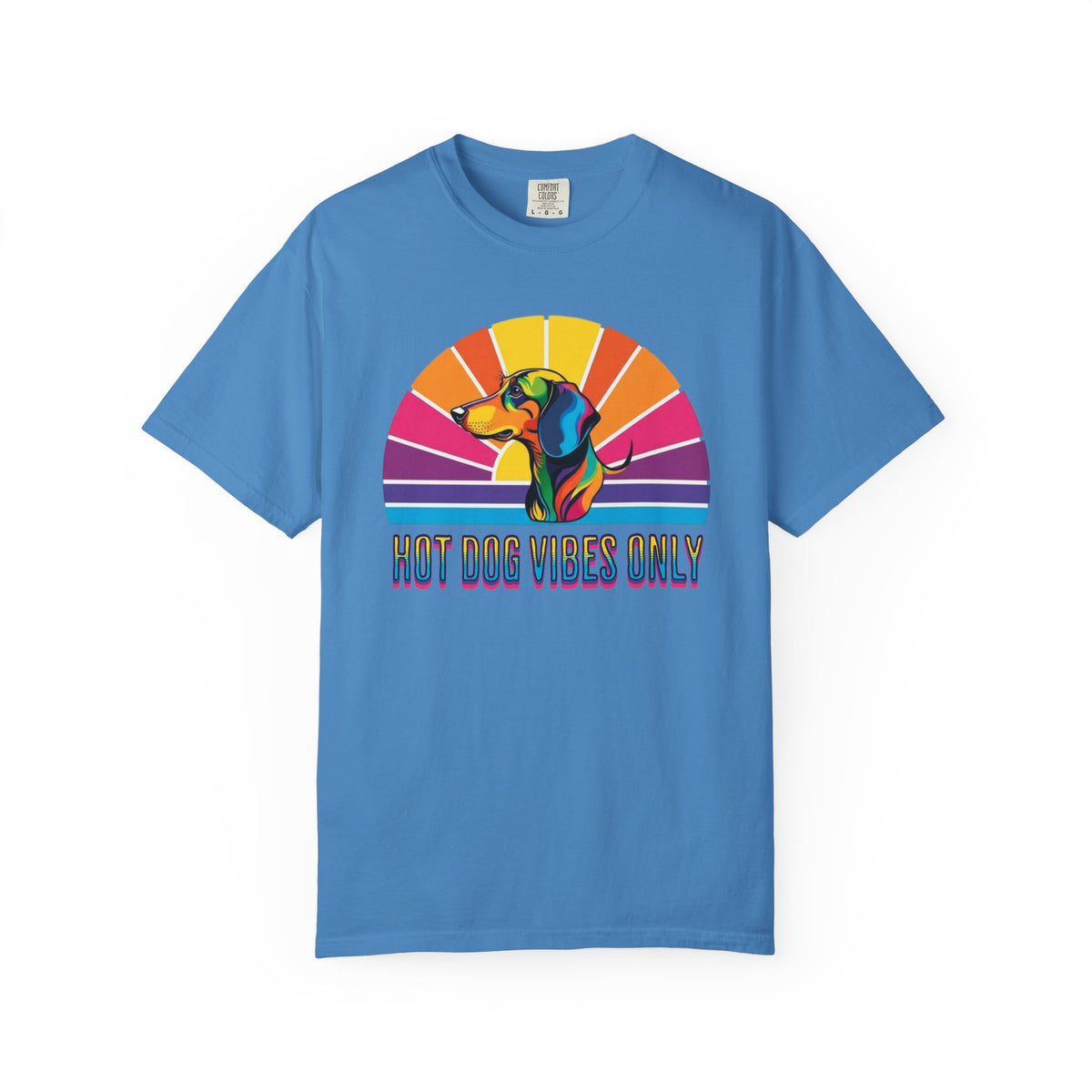 Hot Dog Vibes Only Dachshund T-shirt | Retro Rainbow Sunrise