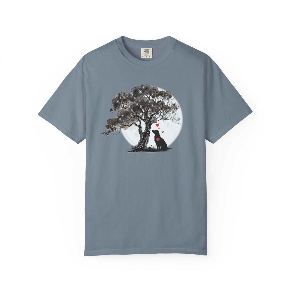 TREE MOON PET Black Dog Under Tree with Red Ball T-shirt | Dog Silhouette Nature Tee