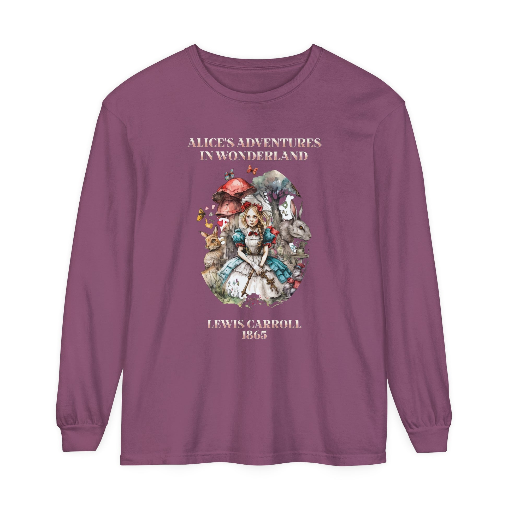 Alice in Wonderland Vintage Long Sleeve Shirt, Lewis Carroll Dark Academia TShirt, Mad Hatter Tea Party Queen of Hearts Bookish Booktok Gift Long-sleeve Printify Berry S 