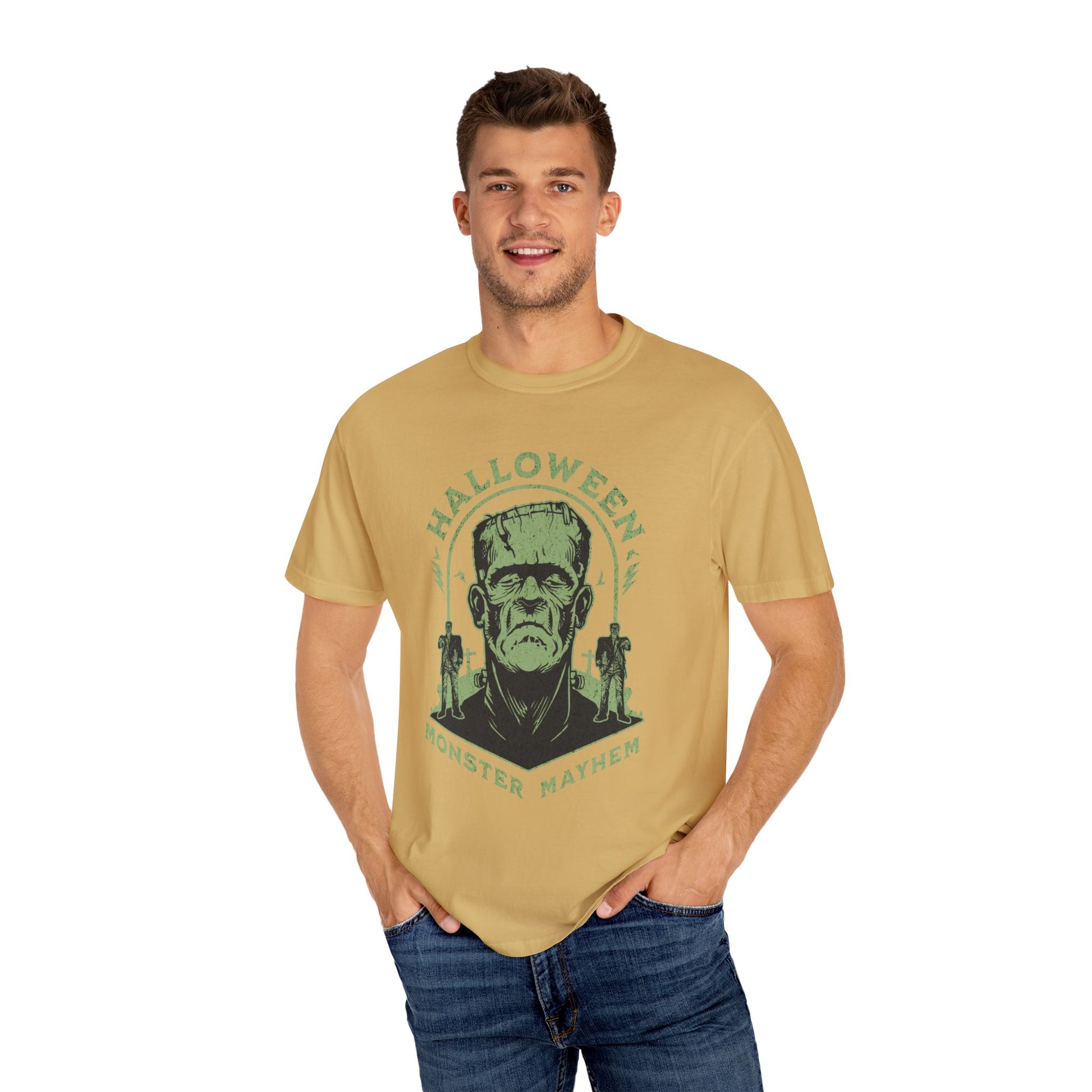 Vintage Halloween Frankenstein Monster Graphic Tee, Creepy Spooky Book Lover Gift, Horror Movie, Fall Festival Party Comfort Colors T Shirt. T-Shirt Printify   