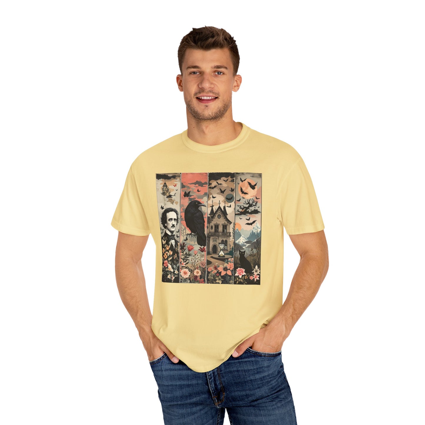 Edgar Allan Poe T-Shirt Gothic Graphic Tee The Raven Nevermore Quote Horror Literature Shirt Dark Academia Aesthetic Halloween Party Gift