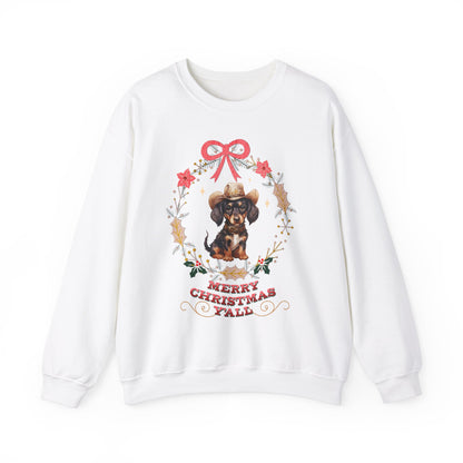 Western Dachshund Wiener Christmas Sweatshirt, Doxie Lover Gift Cowgirl Country Southern Rodeo Christmas Sweater, Animal Lover Farm Life Git Sweatshirt Printify S White 