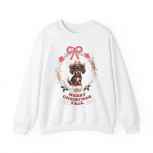 Western Dachshund Wiener Christmas Sweatshirt, Doxie Lover Gift Cowgirl Country Southern Rodeo Christmas Sweater, Animal Lover Farm Life Git Sweatshirt Printify S White 