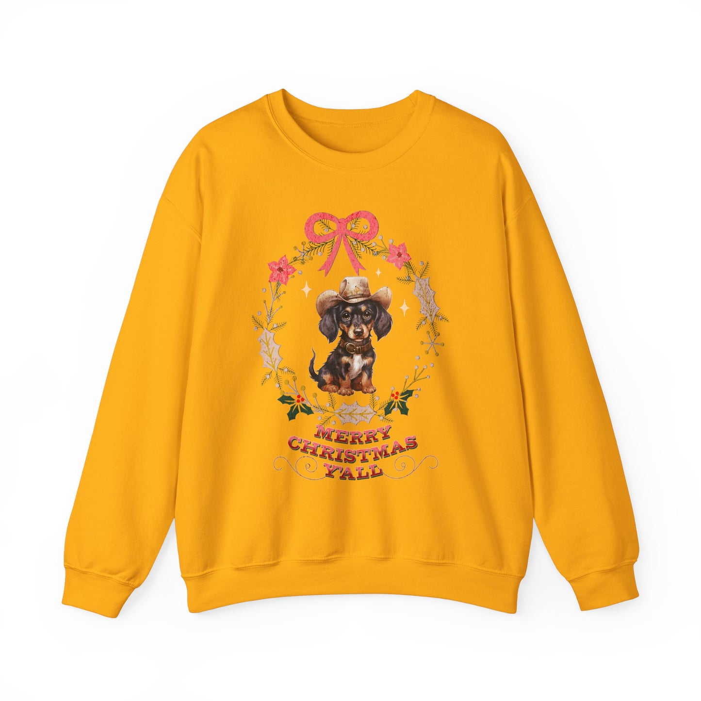 Western Dachshund Wiener Christmas Sweatshirt, Doxie Lover Gift Cowgirl Country Southern Rodeo Christmas Sweater, Animal Lover Farm Life Git Sweatshirt Printify S Gold 