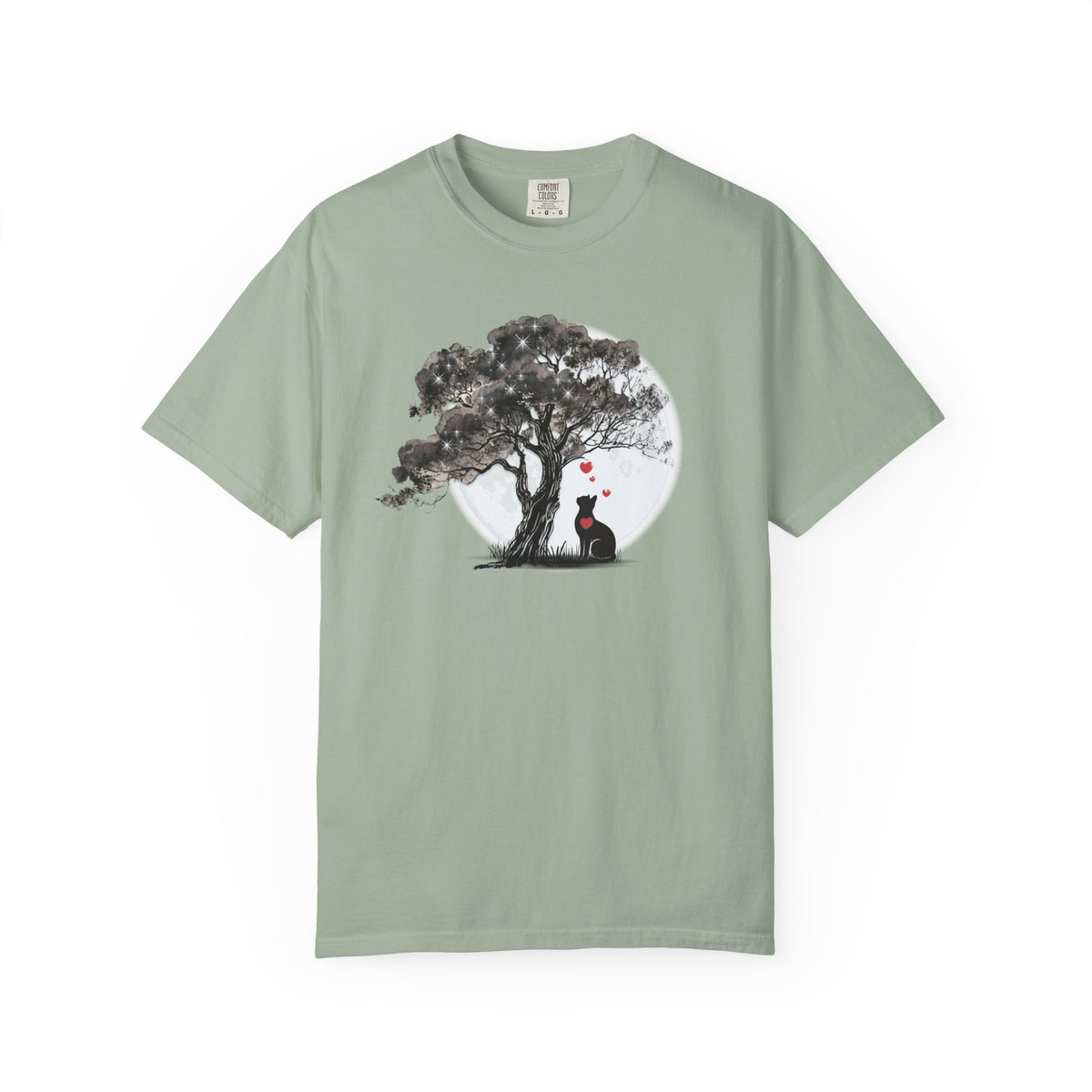 TREE MOON PET Black Dog Under Tree with Red Ball T-shirt | Dog Silhouette Nature Tee