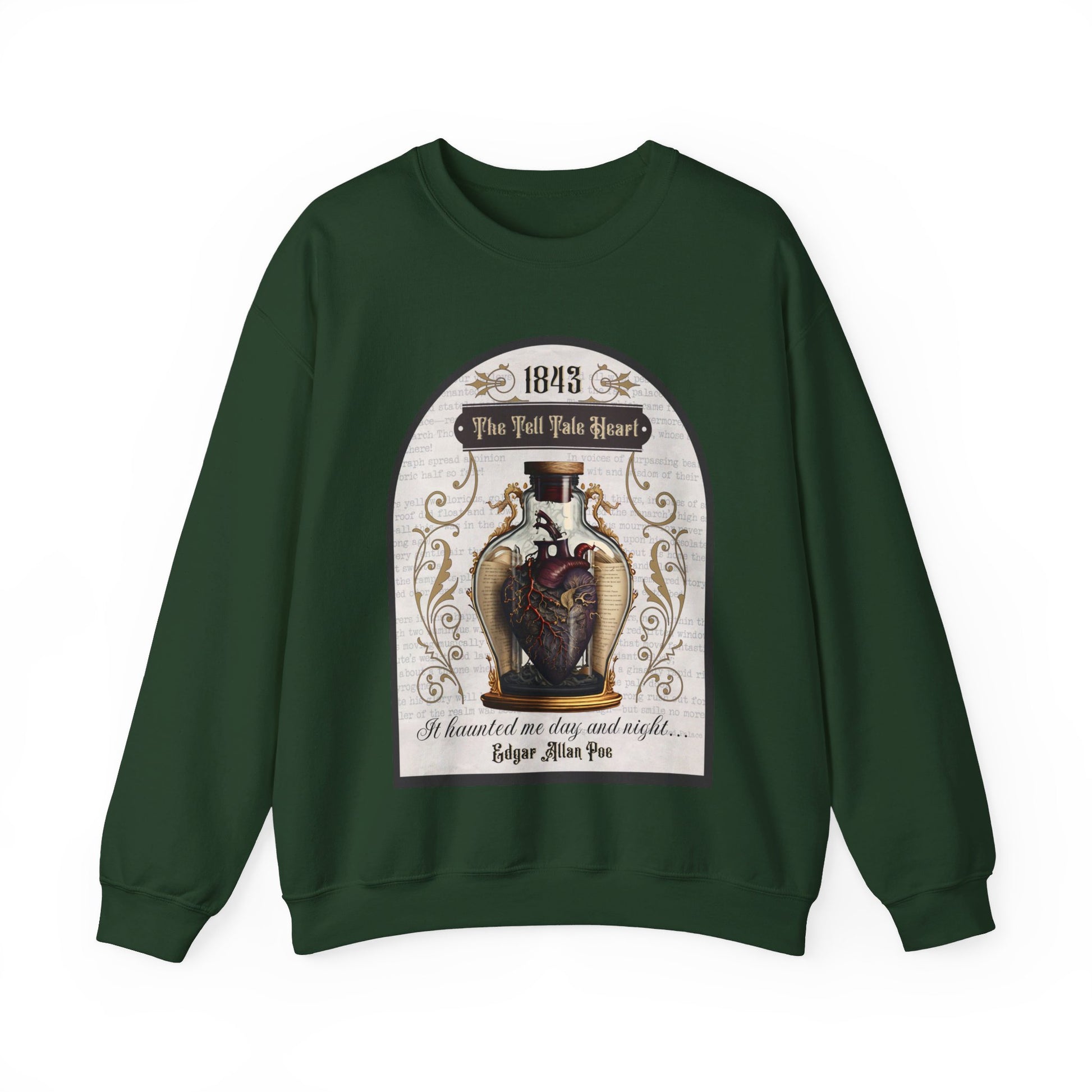 Edgar Allan Poe, The Tell Tale Heart Sweatshirt, Book Lover, Halloween, Haunting Gothic Gift, Light, Dark Academia, Horror Movie Sweater Sweatshirt Printify S Forest Green 