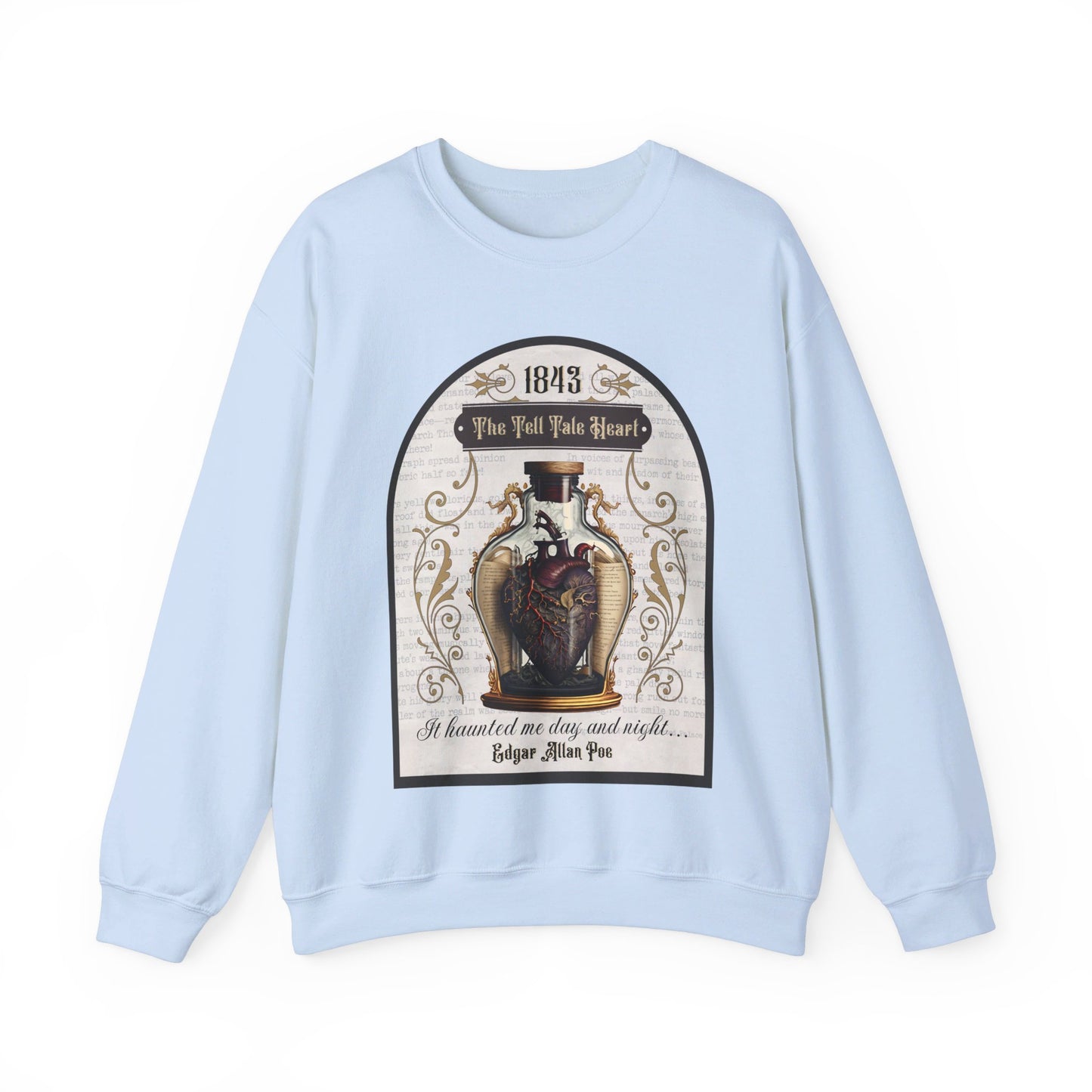 Edgar Allan Poe, The Tell Tale Heart Sweatshirt, Book Lover, Halloween, Haunting Gothic Gift, Light, Dark Academia, Horror Movie Sweater Sweatshirt Printify S Light Blue 