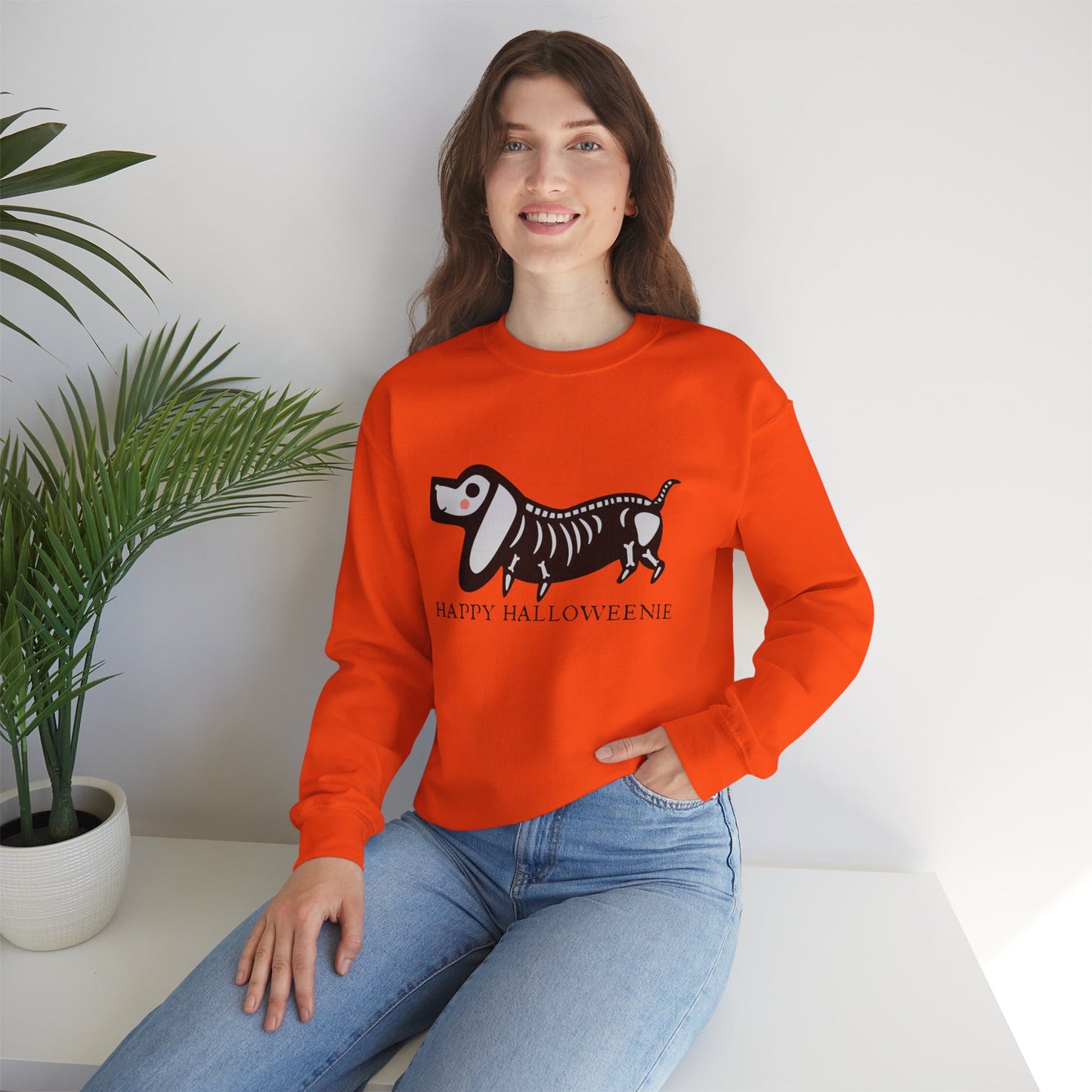 Funny Halloween Dachshund Lover Sweatshirt, Skeleton Dachshund Walking Graphic, Trick or Treat Shirt, Spooky Season, Happy Halloweenie Top Sweatshirt Printify   