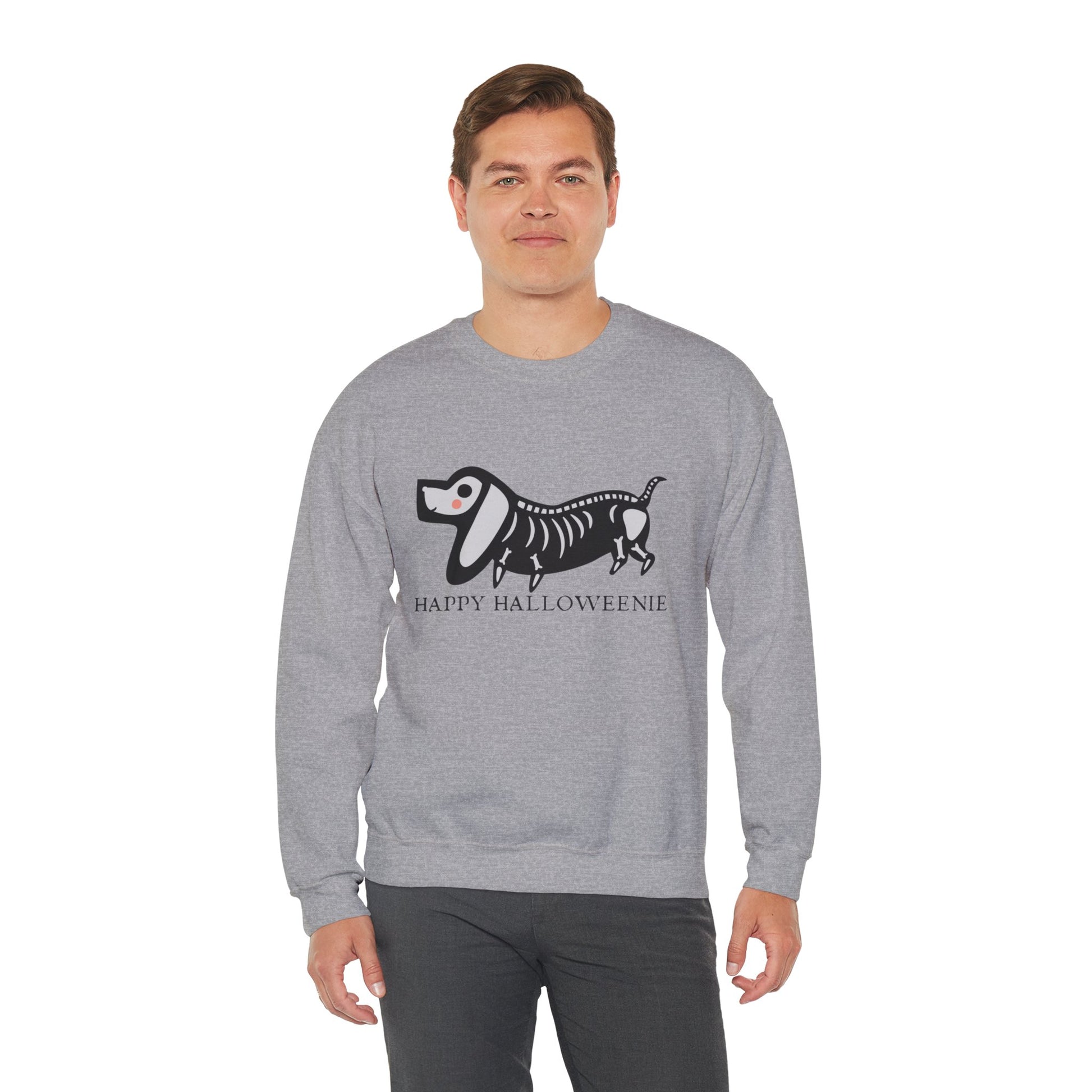 Funny Halloween Dachshund Lover Sweatshirt, Skeleton Dachshund Walking Graphic, Trick or Treat Shirt, Spooky Season, Happy Halloweenie Top Sweatshirt Printify   