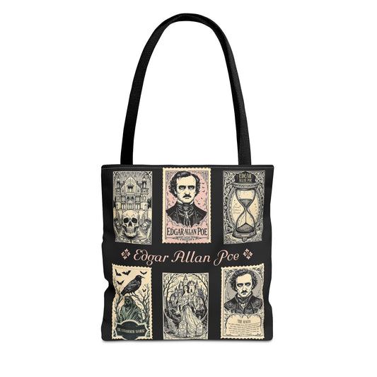 Edgar Allan Poe Tote Bag Gothic Literary Gift for Book Lover Dark Academia Macabre Accessory Halloween Tote Fall School Bag for Poetember Bags Printify 13" × 13'' Black