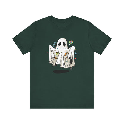 Cute Halloween Ghost Floating, Covered in Candy TShirt, Trick or Treat Shirt, Spooky Ghost Season Tee, Fun Halloween Party, Festival T-Shirt T-Shirt Printify   