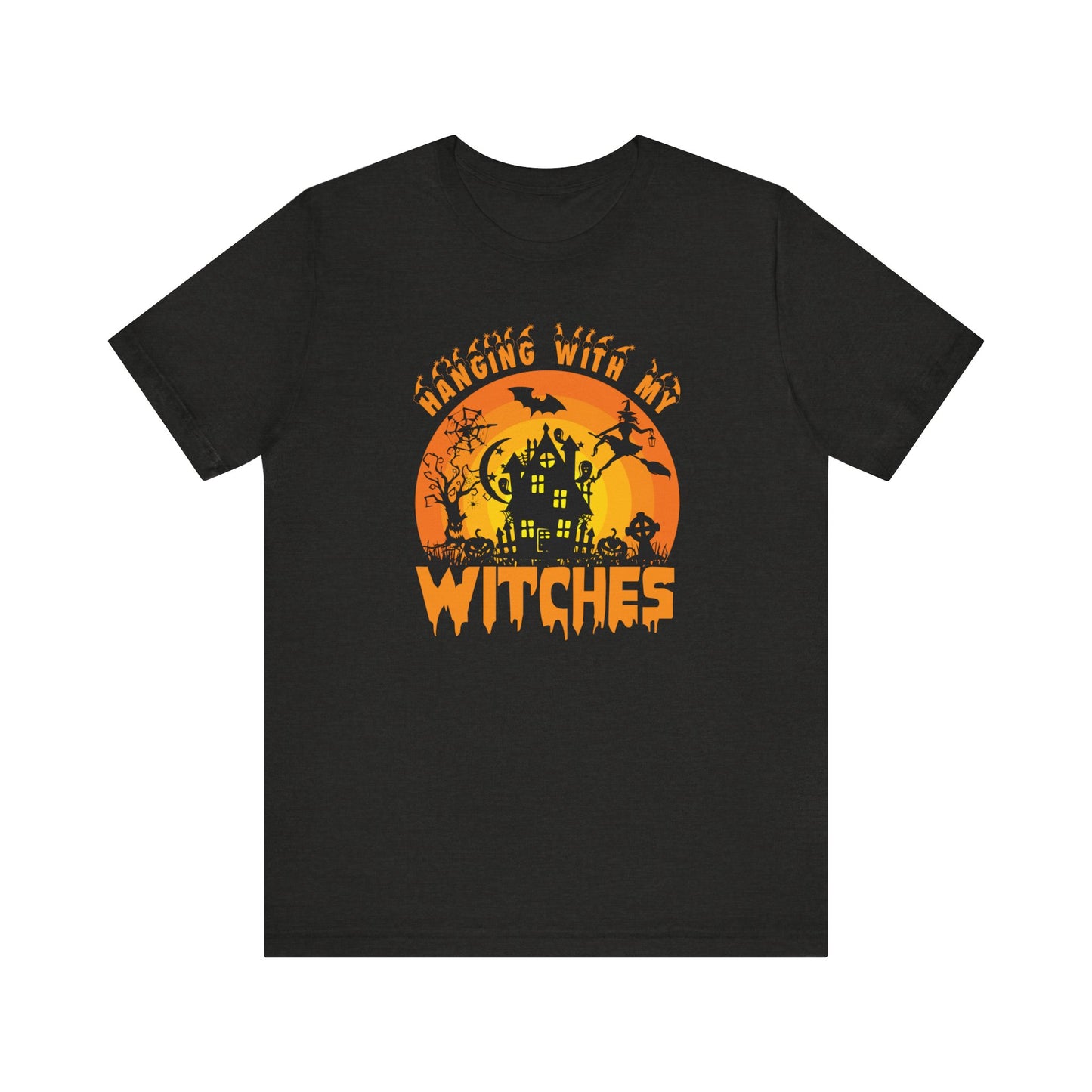 Witches and Haunted House Shirt,  Spooky Halloween Season Graphic Tee, Sunset Halloween Design, Creepy Fall or Autumn Style T Shirt, T-Shirt Printify Black Heather XS 