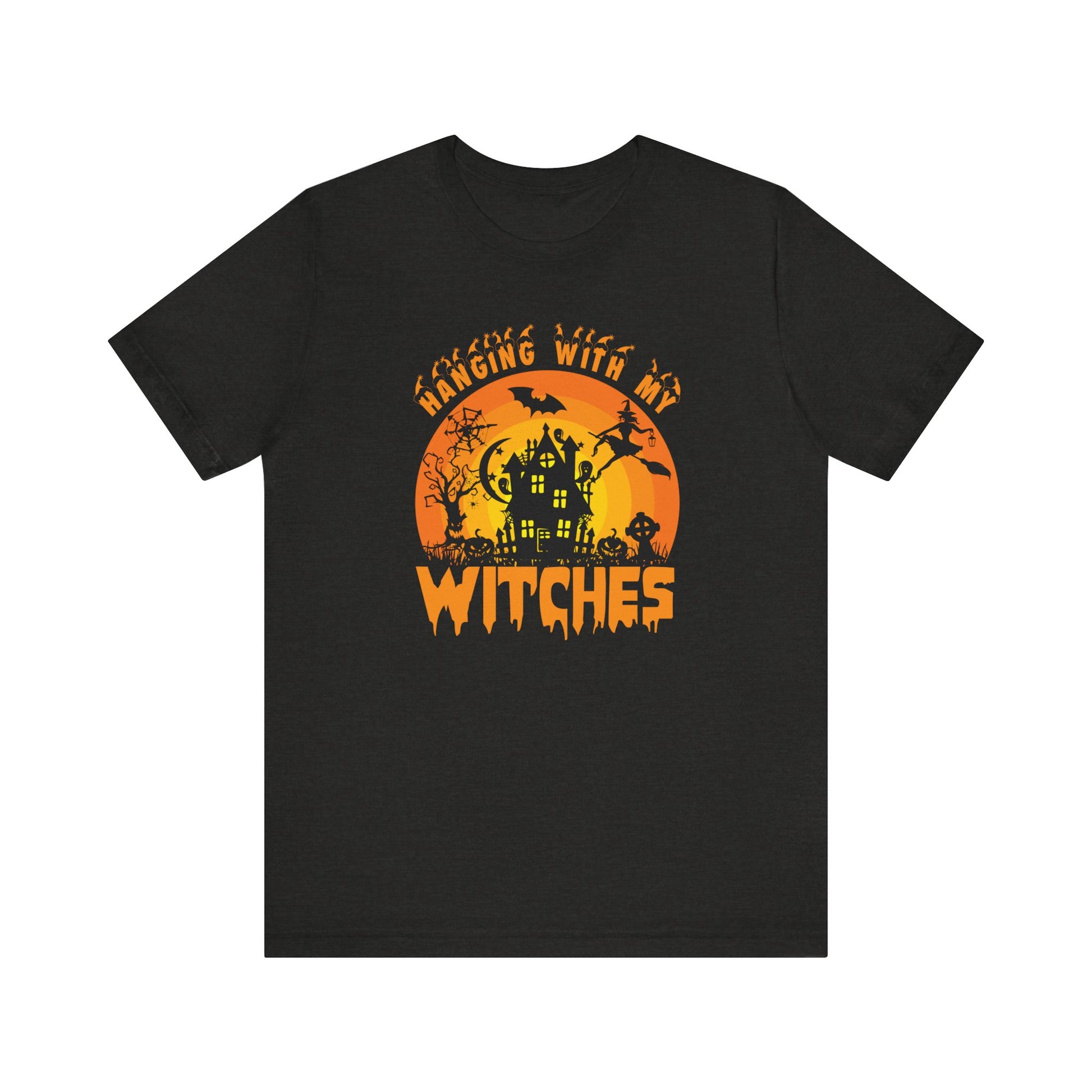 Witches and Haunted House Shirt,  Spooky Halloween Season Graphic Tee, Sunset Halloween Design, Creepy Fall or Autumn Style T Shirt, T-Shirt Printify Black Heather XS 