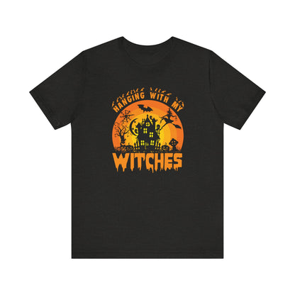 Witches and Haunted House Shirt,  Spooky Halloween Season Graphic Tee, Sunset Halloween Design, Creepy Fall or Autumn Style T Shirt, T-Shirt Printify Black Heather XS 