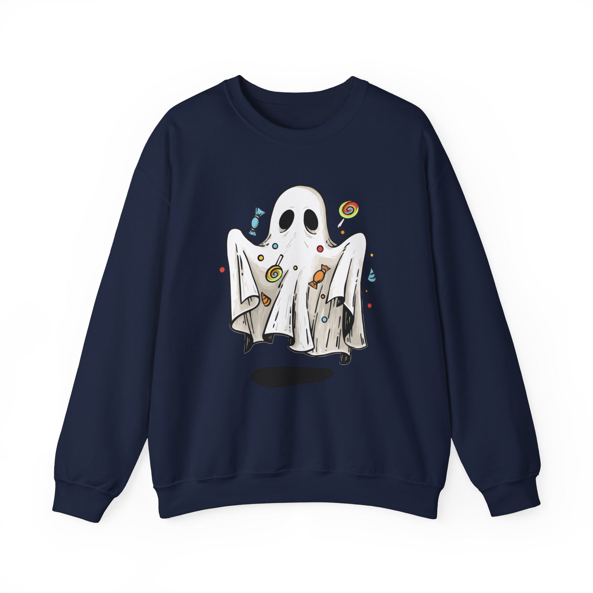 Cute Halloween Ghost Floating, Covered in Candy Sweatshirt, Trick or Treat Shirt, Spooky Ghost Season, Fun Halloween Party, Festival Sweater Sweatshirt Printify S Navy 