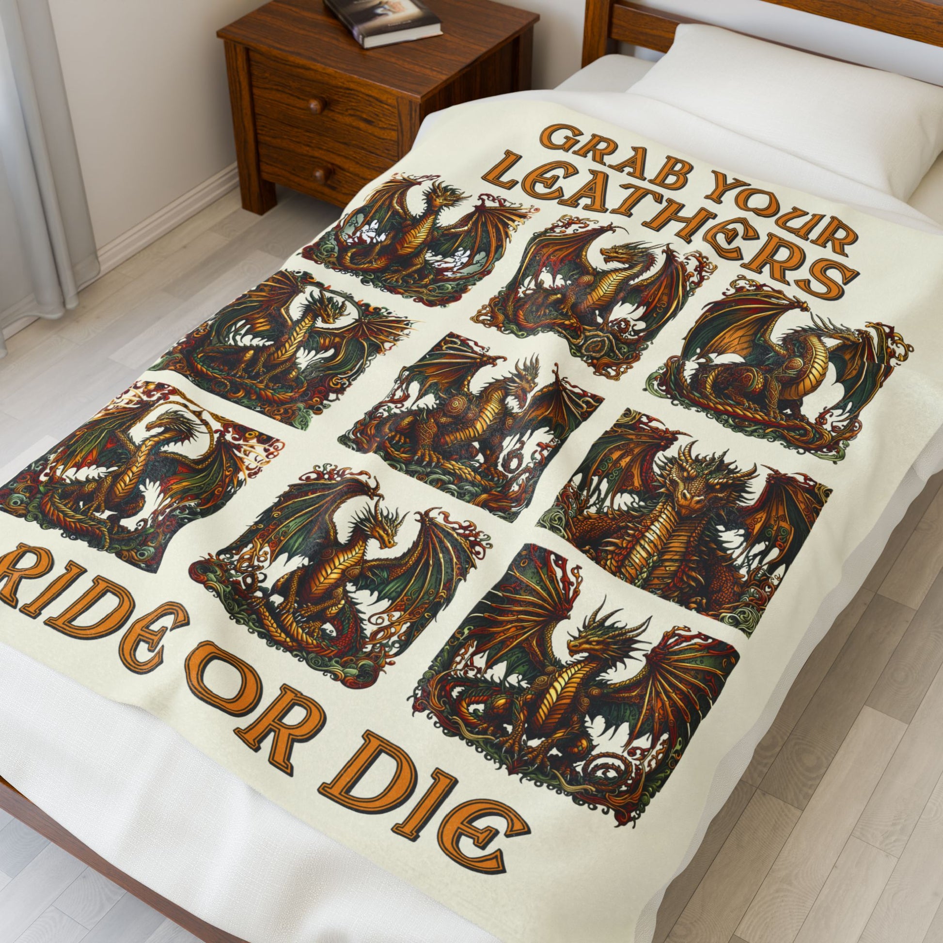 Grab Your Leathers Ride Or Die Dragon Velveteen Blanket - Perfect for Book Lovers, Gifts for Sisters, Home Decor, Reading Nook, Cozy Nights All Over Prints Printify
