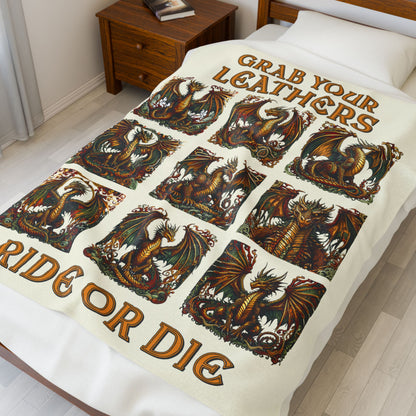 Grab Your Leathers Ride Or Die Dragon Velveteen Blanket - Perfect for Book Lovers, Gifts for Sisters, Home Decor, Reading Nook, Cozy Nights All Over Prints Printify
