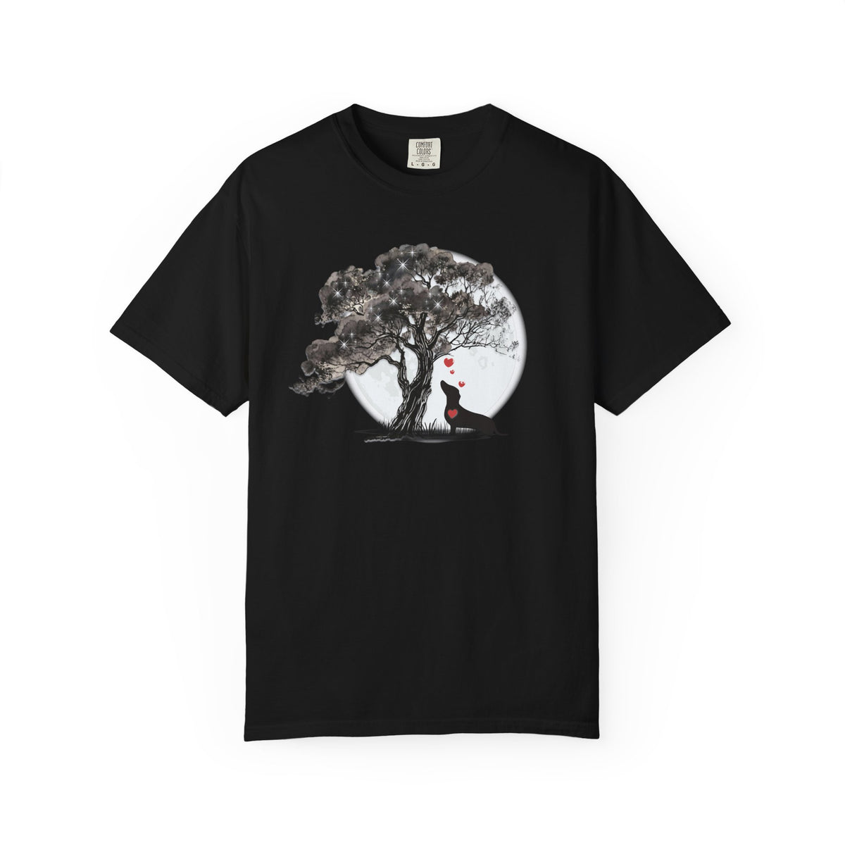 TREE MOON PET Black Dog Under Tree with Red Ball T-shirt | Dog Silhouette Nature Tee
