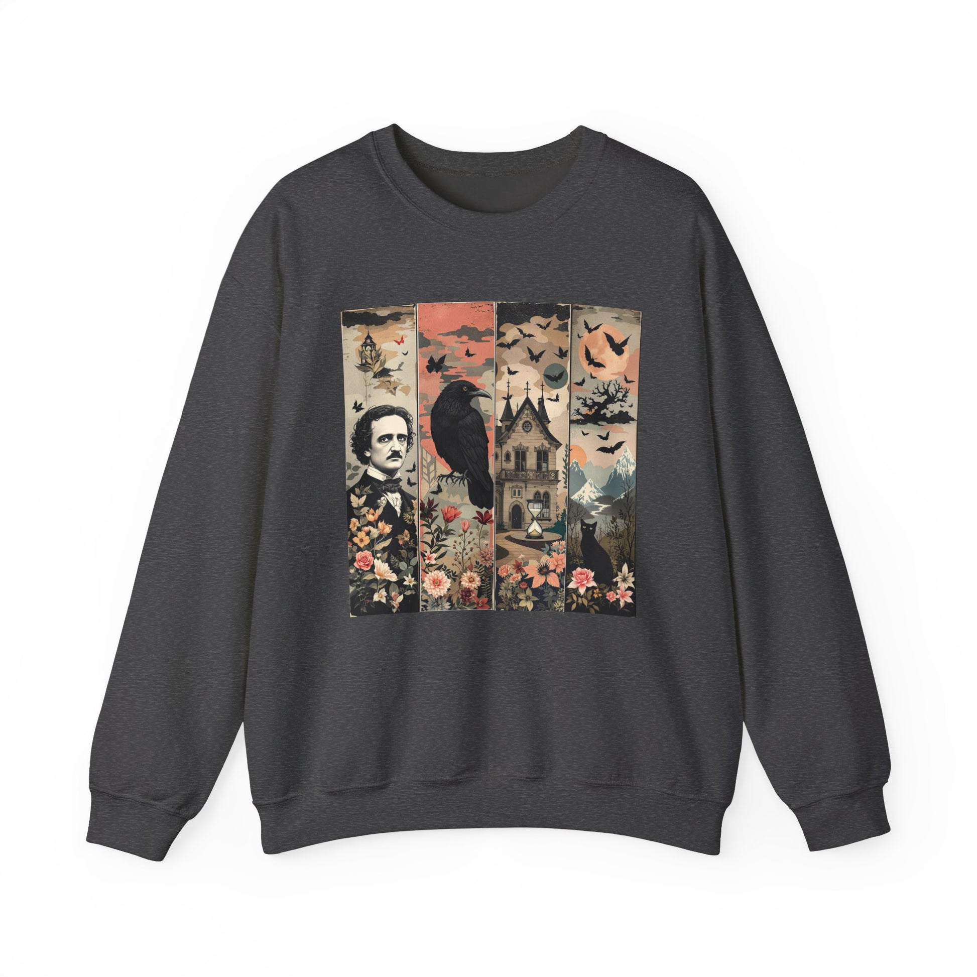 Edgar Allan Poe Sweatshirt The Raven Nevermore Gothic Horror Sweater Dark Academia Macabre Halloween Gift for Book Lovers Birthday Christmas Sweatshirt Printify Dark Heather S