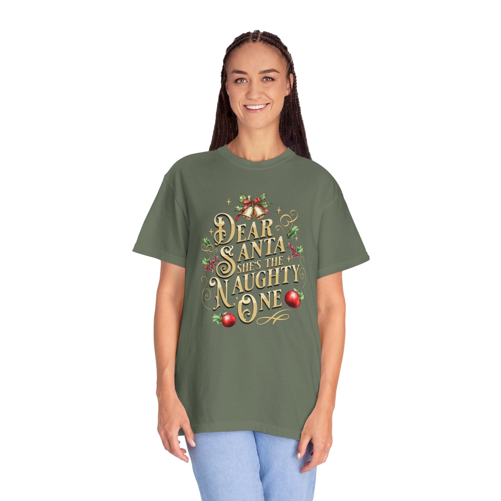 She's The Naughty One Christmas T-Shirt, Funny Holiday Gift, Dear Santa I'm the Reason Why Tee, Unisex Casual Wear, Festive Apparel T-Shirt Printify