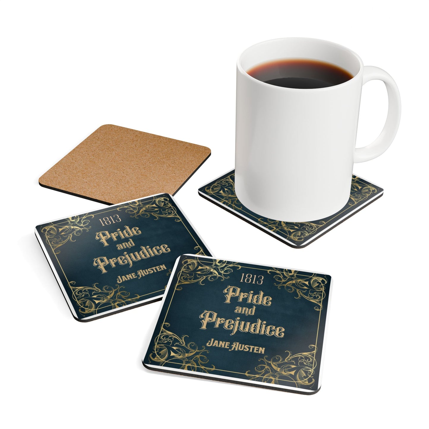 Jane Austen Coffee Mug Coasters, Pride & Prejudice Historical Romance Home Decor, Bookish Bookclub Literary Set of 4 Fan Art Gifts for Her, Home Decor Printify   