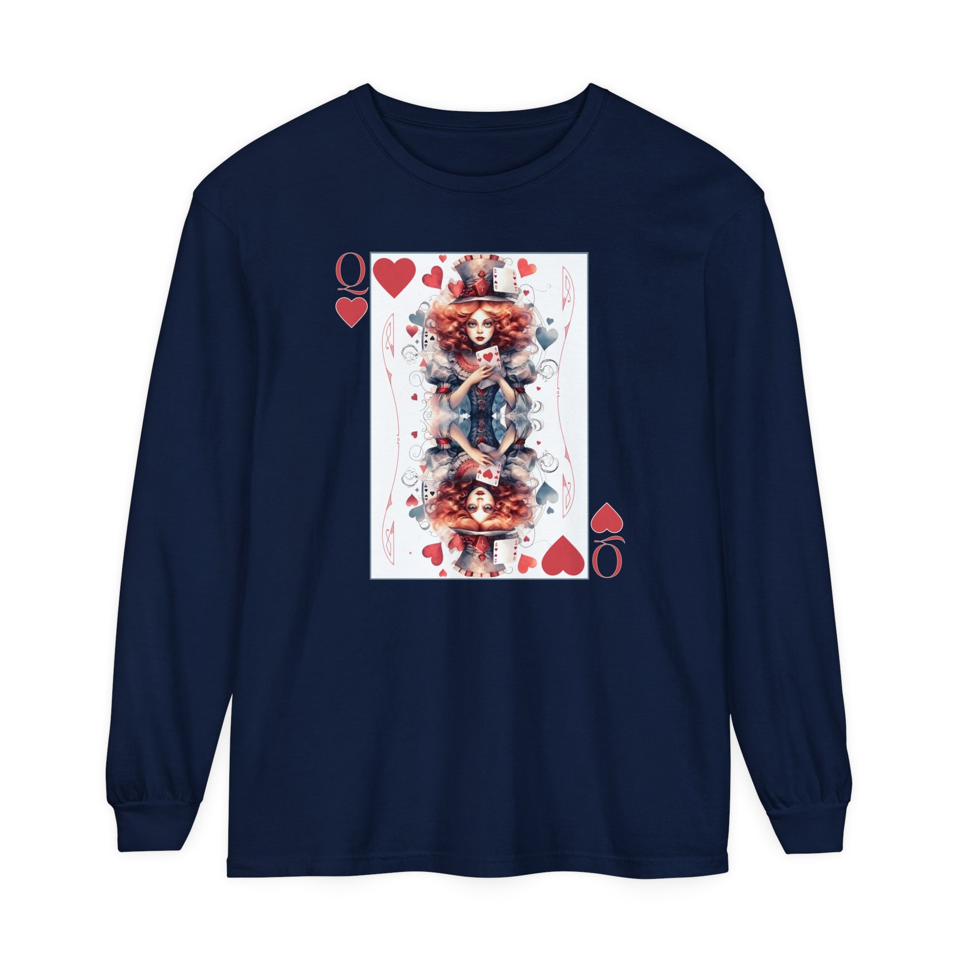 Queen of Hearts Long Sleeve Shirt Alice In Wonderland Lewis Carroll Whimsigoth Academia TShirt Mad Hatter Tea Party Tee Bookish Booktok Gift Long-sleeve Printify True Navy S 