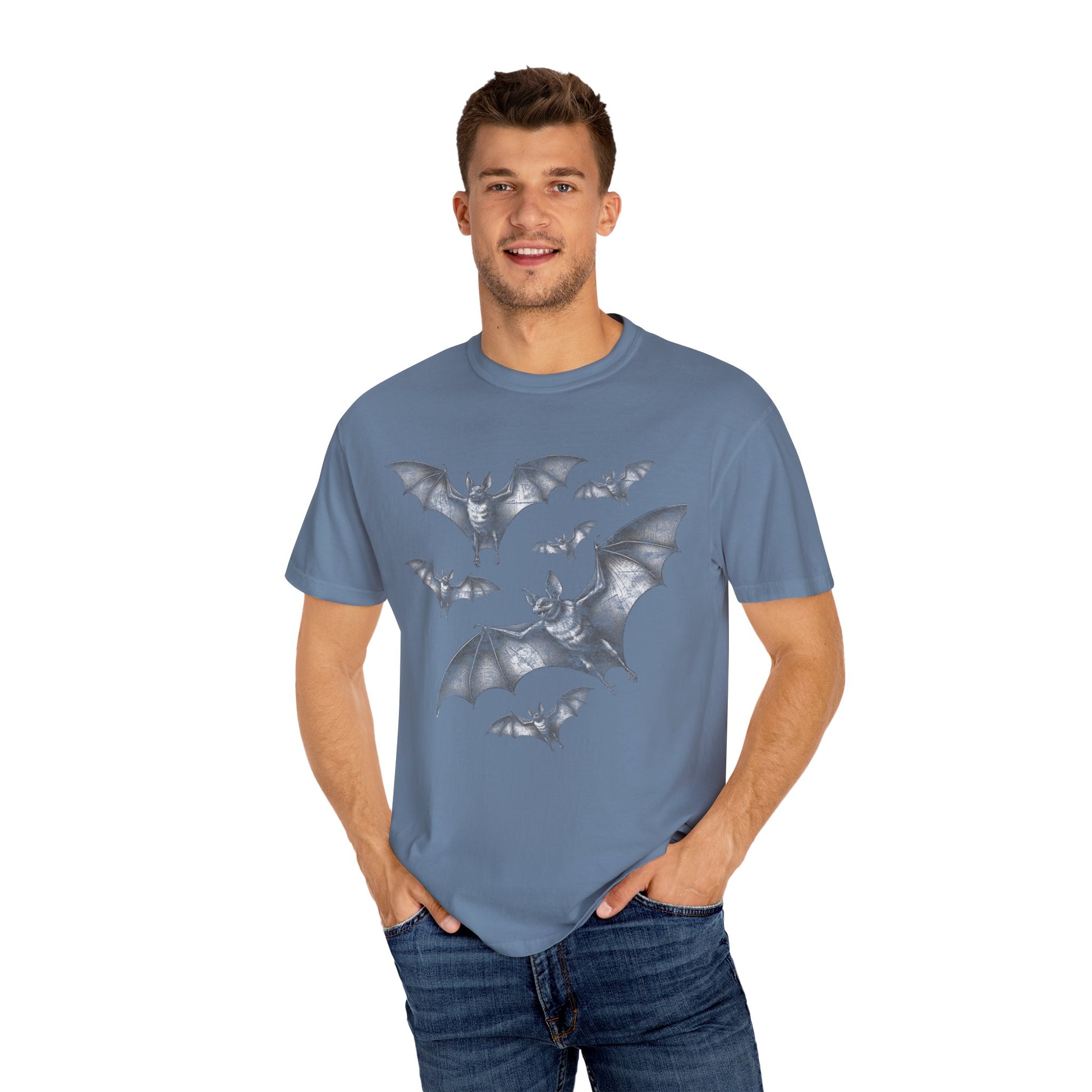 Bat Retro Goth TShirt Vintage Grunge Style Bat Shirt For Halloween Party Spooky Vibes Witchy Dark Academia Comfort Colors Oversized Shirt T-Shirt Printify Blue Jean S