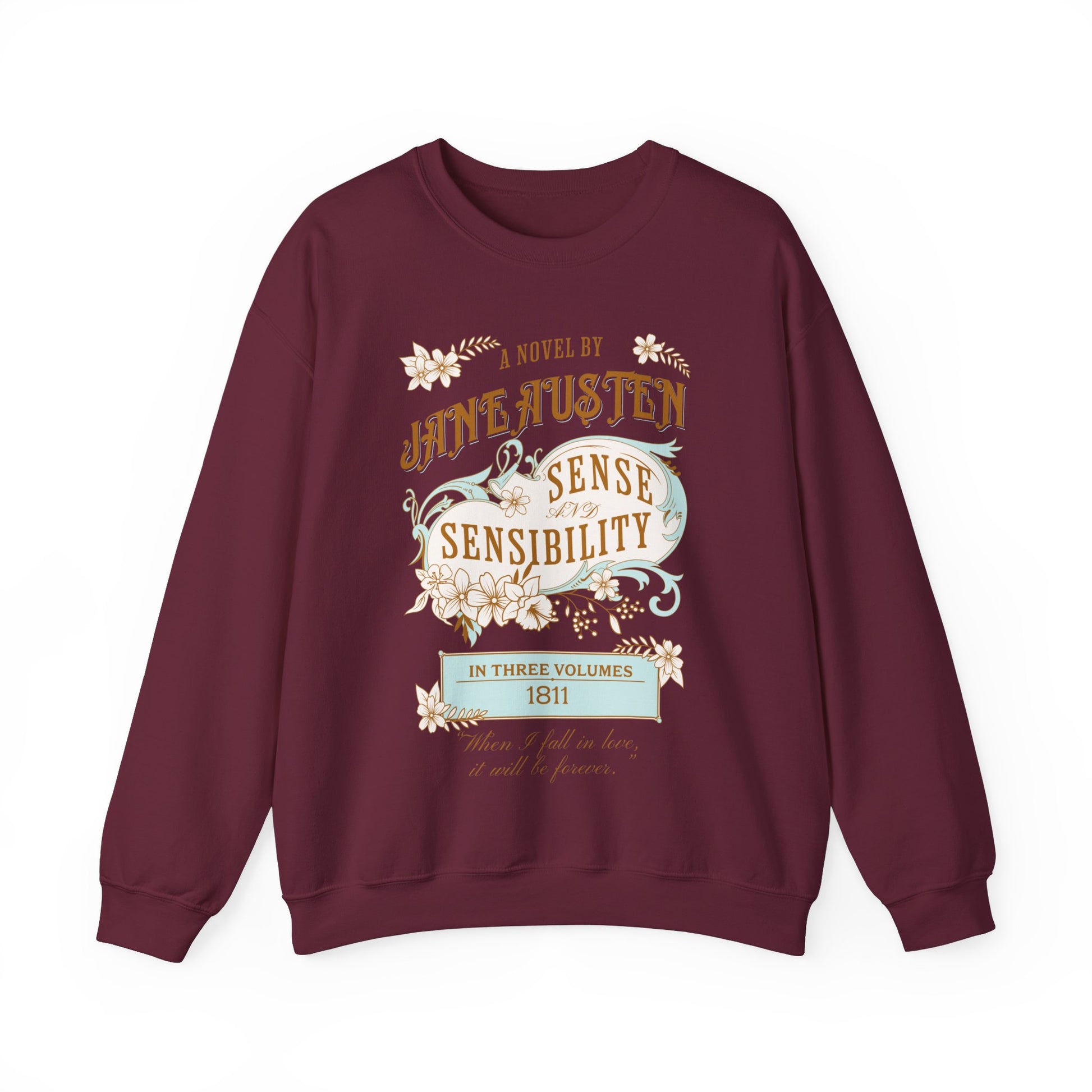 Jane Austen Sweatshirt, Sense & Sensibility Historical Romance Sweater, Bookish Literary Jane Austen Fan Art Gift, Gift for Her, Readers, Sweatshirt Printify S Maroon 