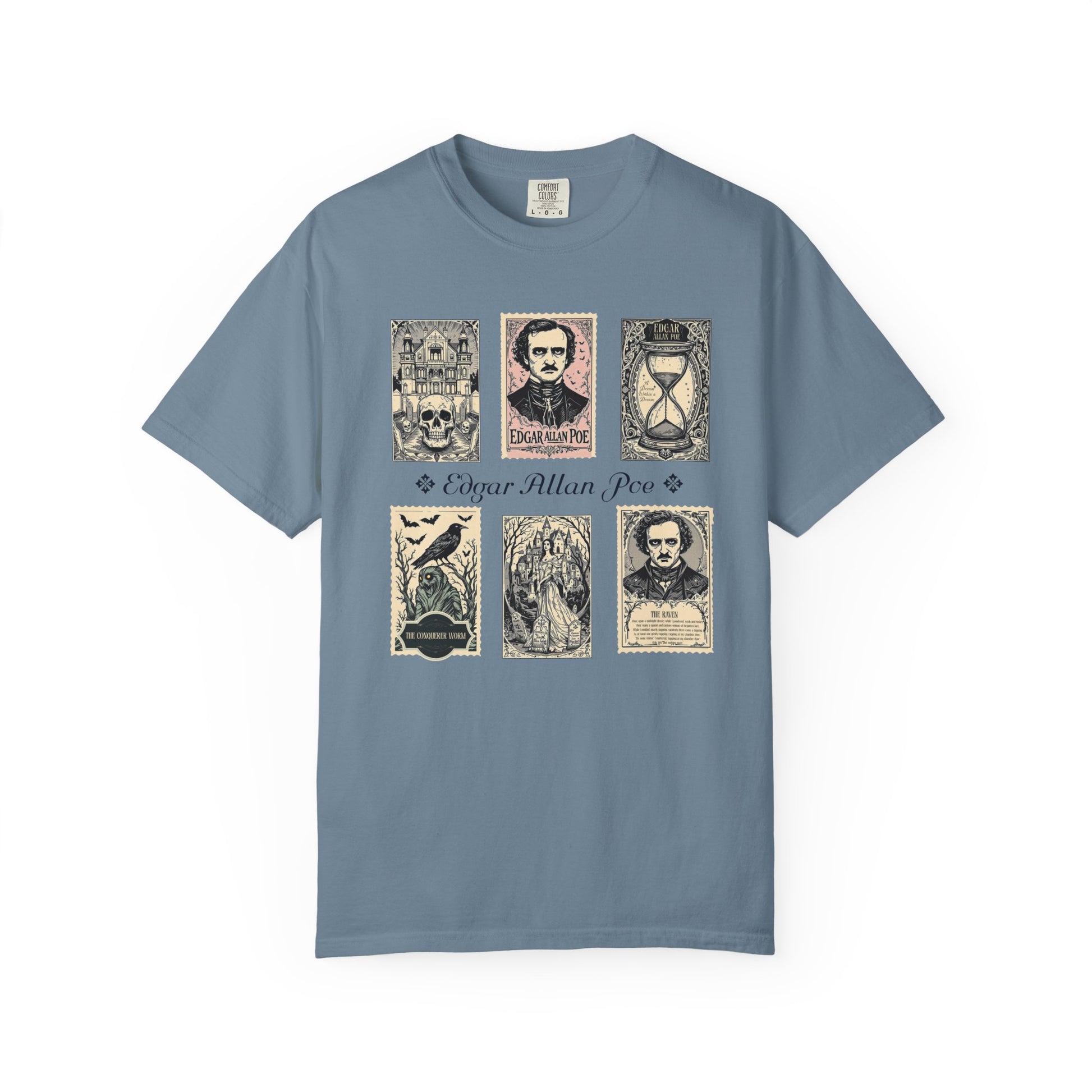 Edgar Allan Poe T-Shirt Gothic Graphic Tee The Raven Nevermore Quote Horror Literature Shirt Dark Academia Aesthetic Halloween Party Gift T-Shirt Printify Ice Blue S