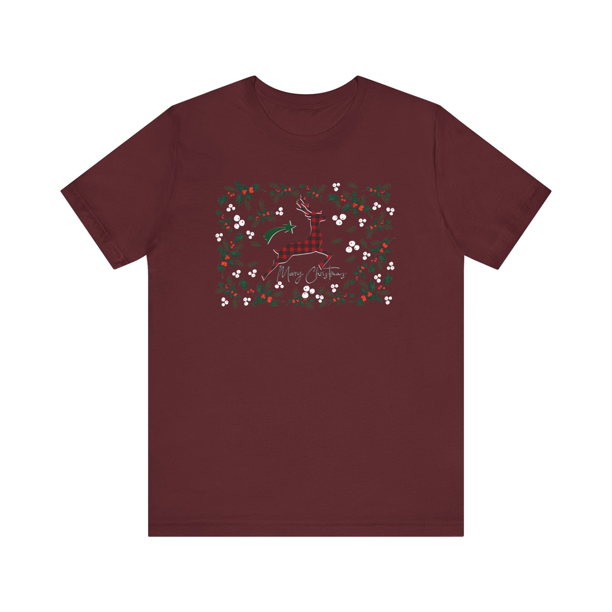 Merry Christmas Plaid Reindeer Shirt, Country Reindeer Shirt, Christmas Family Shirt, Christmas Shirt, Merry Christmas Shirt, Christmas Gift T-Shirt Printify Maroon XS 