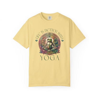 Green Yoga Frog Life Is Better With Yoga Unisex T-Shirt, Casual Wear, Highlander Fan Gift, T-Shirt Printify Butter S