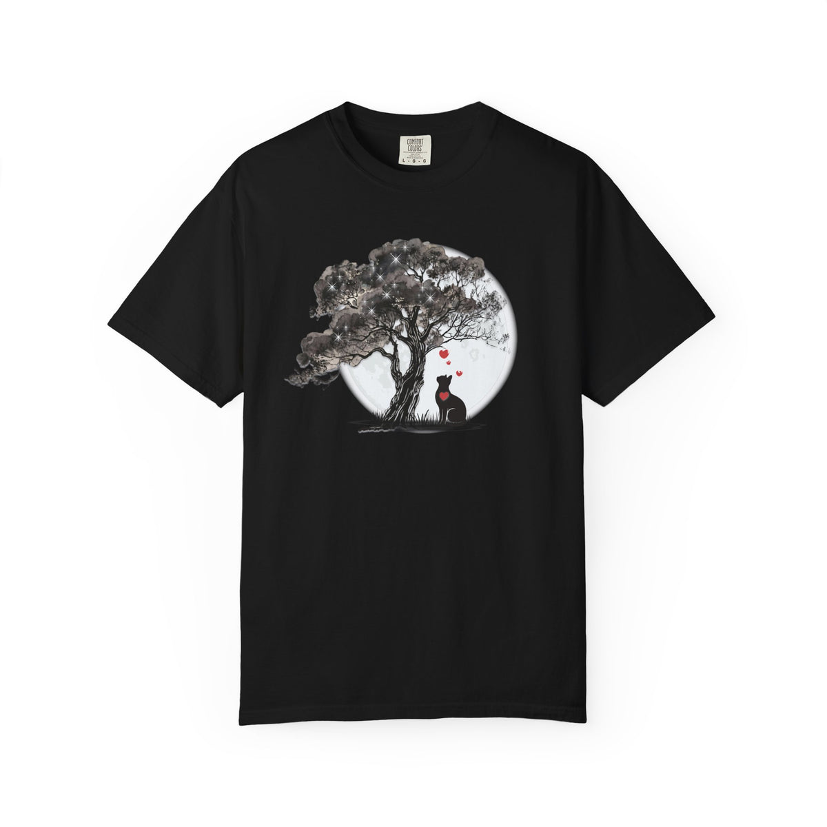 TREE MOON PET Black Dog Under Tree with Red Ball T-shirt | Dog Silhouette Nature Tee
