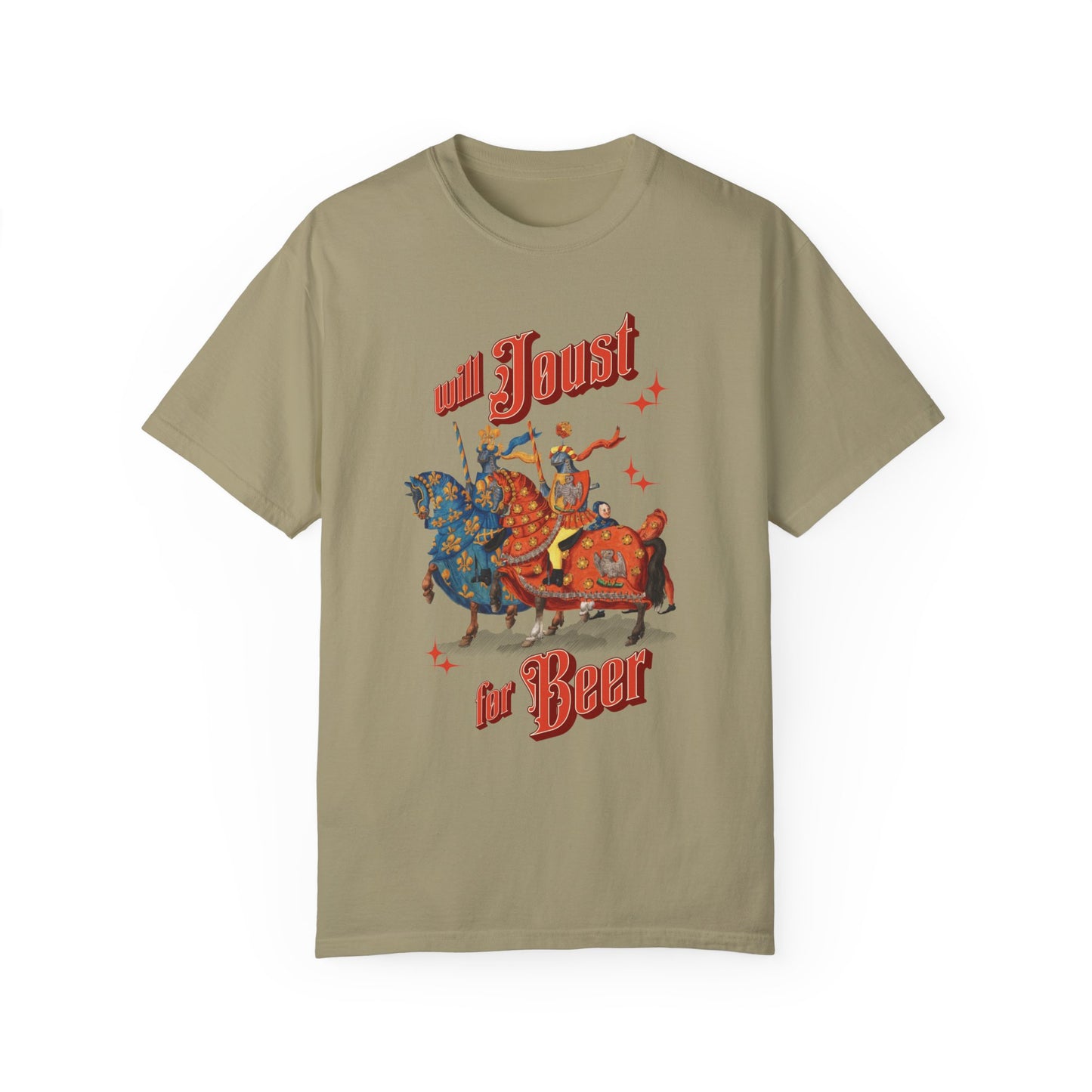 Will Joust for Beer Renfair T-Shirt, Funny Medieval Renaissance Faire Tee. Beer Lover Gift, Festival Attire, Medieval Theme Ren-Fair Costume T-Shirt Printify Khaki S