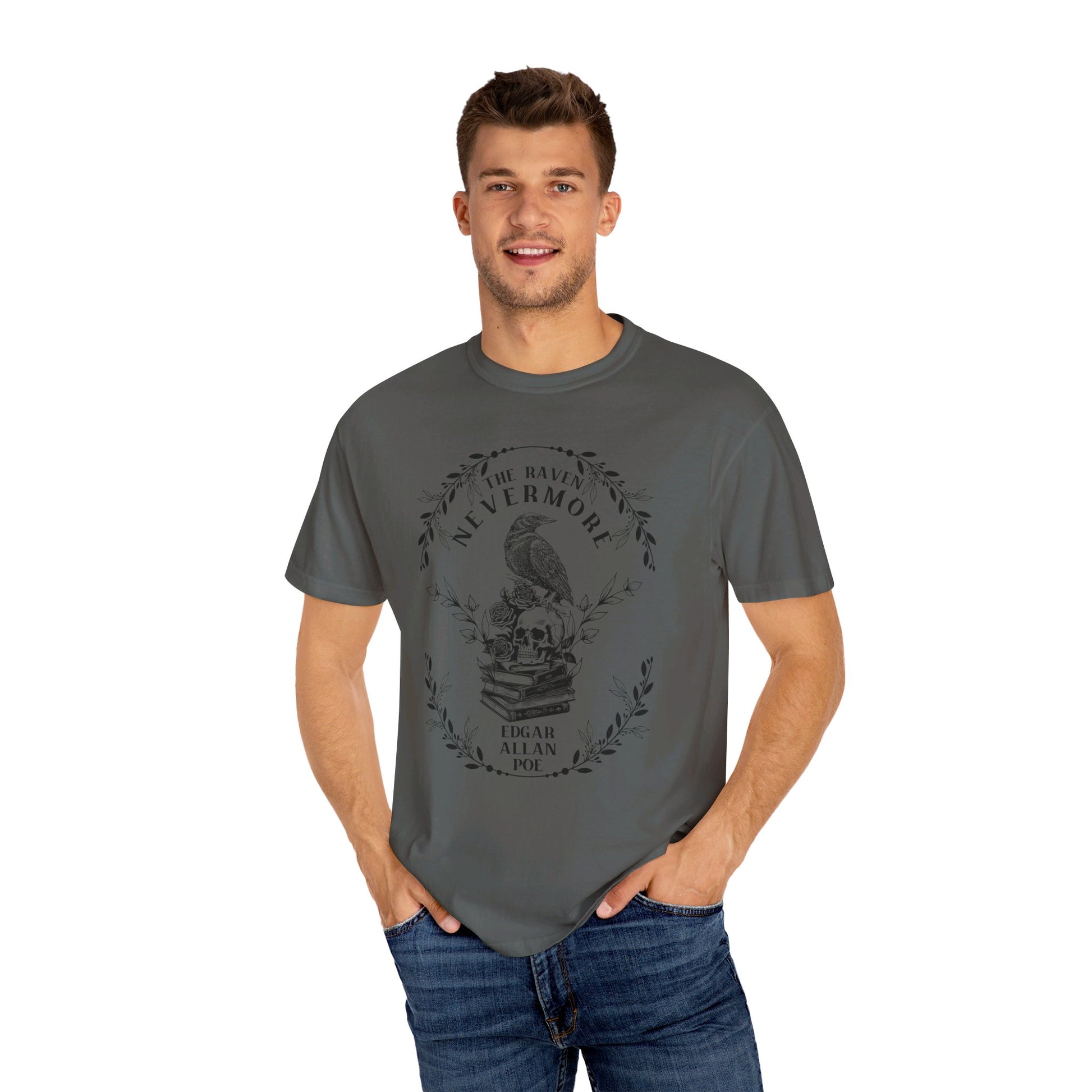 Edgar Allan Poe, Nevermore The Raven Comfort Colors TShirt, Book Lover, Halloween, Haunting Gothic Gift, Light, Dark Academia, Horror Movie T-Shirt Printify   