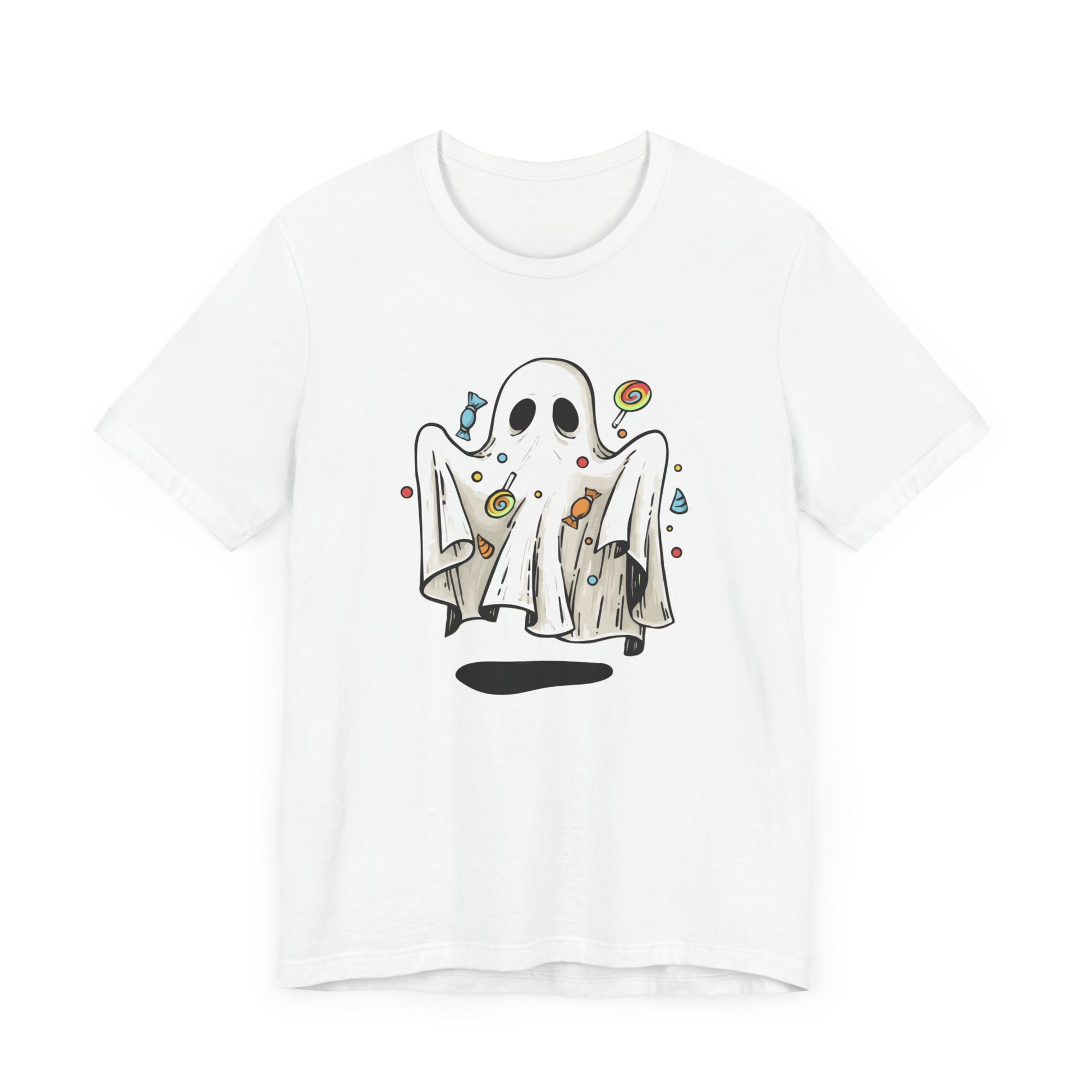 Cute Halloween Ghost Floating, Covered in Candy TShirt, Trick or Treat Shirt, Spooky Ghost Season Tee, Fun Halloween Party, Festival T-Shirt T-Shirt Printify   